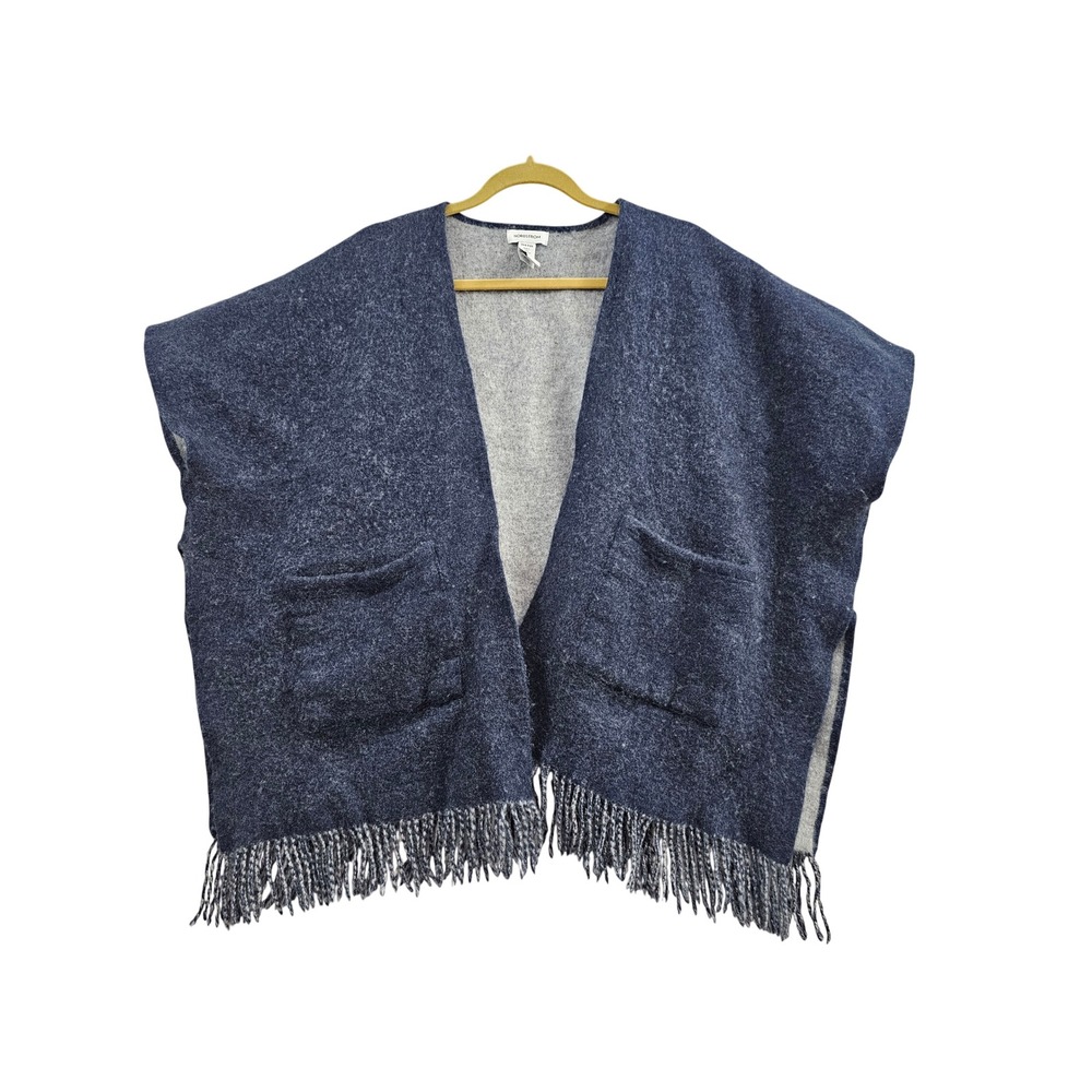 Nordstrom Wool Cashmere Poncho Wrap One Size Blue Gray Reversible Fringe Pockets
